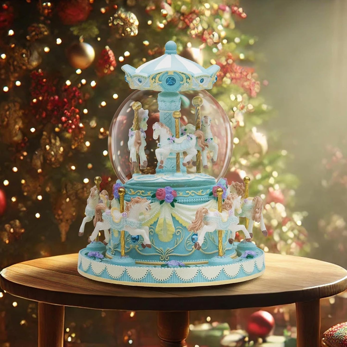 カルーセルオルゴール 誕生日、記念日、バレンタイン、クリスマスへのギフト馬のスノードーム、手塗りのオルゴール、カラーライト
