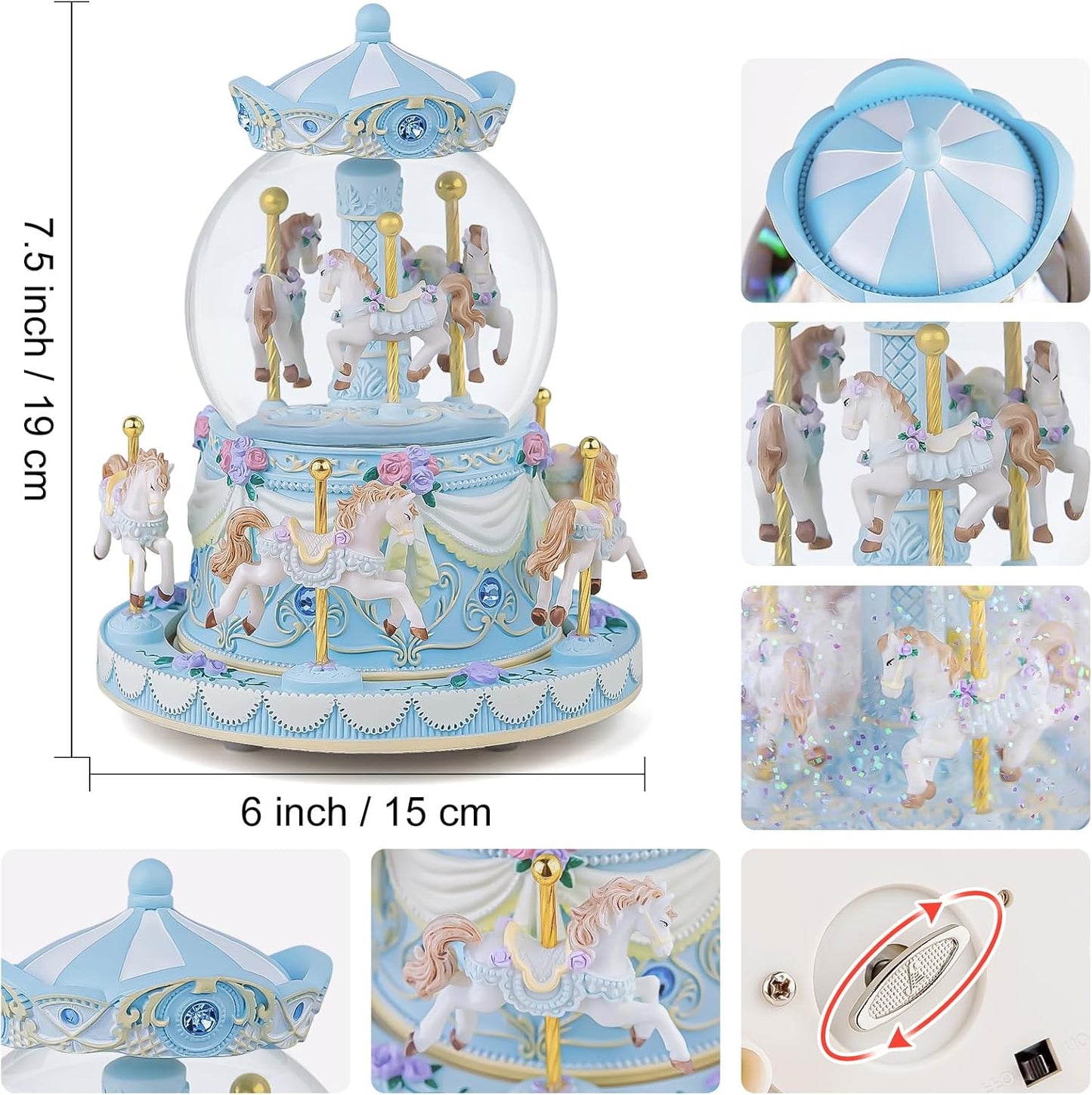 カルーセルオルゴール 誕生日、記念日、バレンタイン、クリスマスへのギフト馬のスノードーム、手塗りのオルゴール、カラーライト