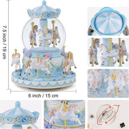 カルーセルオルゴール 誕生日、記念日、バレンタイン、クリスマスへのギフト馬のスノードーム、手塗りのオルゴール、カラーライト