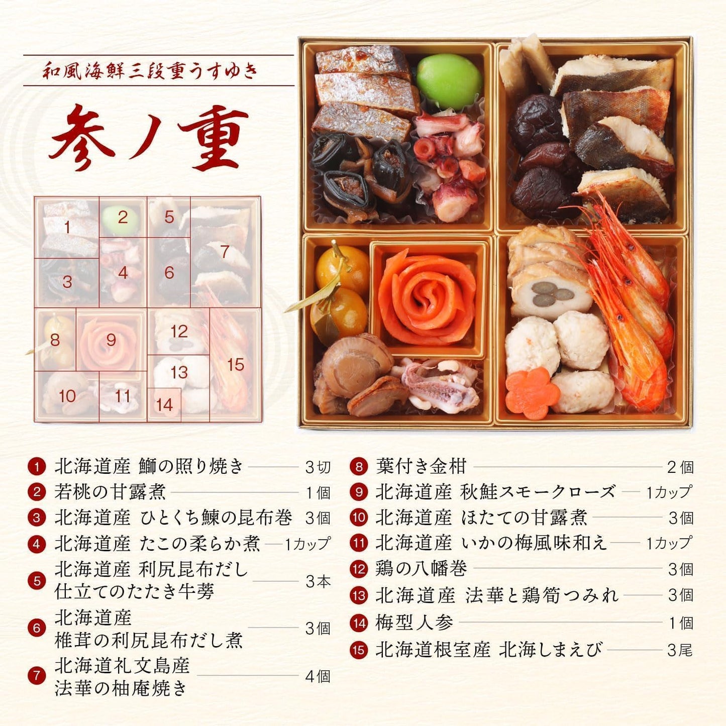 【翌日発送】島の人 北海道の高級海鮮おせち うすゆき 3人前 3段重 40品 6.5寸