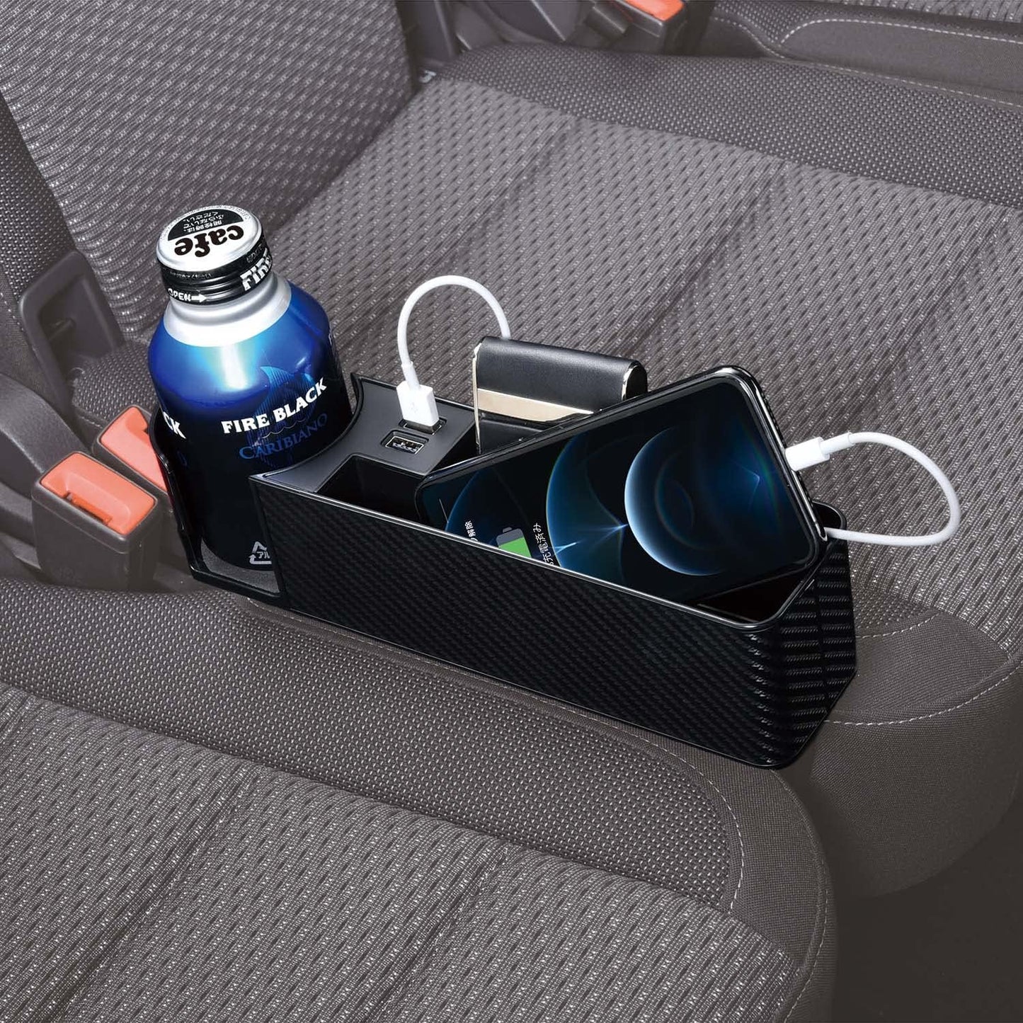 セイワ(SEIWA) 車内用品 シートサイドポケット USBポート付き 2口 ドリンクホルダー 収納 車用 カーボン WA82 シートオーガナイザー 4.8A出力 自動識別