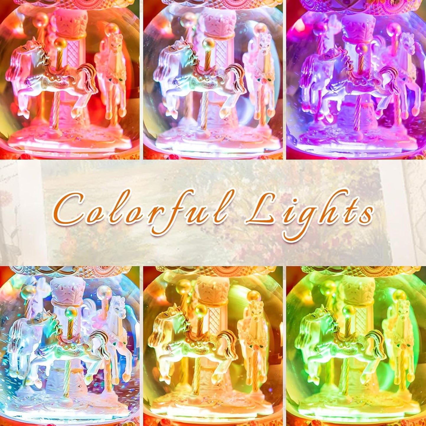 カルーセルオルゴール 誕生日、記念日、バレンタイン、クリスマスへのギフト馬のスノードーム、手塗りのオルゴール、カラーライト